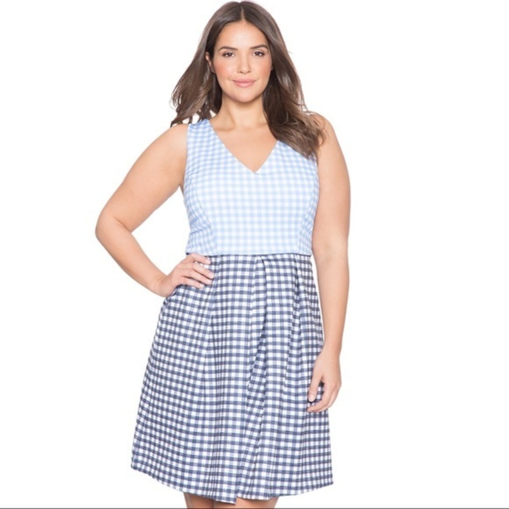 Eloquii Gingham Plaid Fit and Flare V-neck Dress